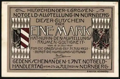 Notgeld Nürnberg 1921, 1 Mark, Hilfsschein der Notgeld-Ausstellung, Wappen am Turm