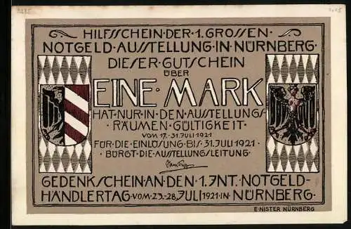Notgeld Nürnberg 1921, 1 Mark, Hilfsschein der Notgeld-Ausstellung, Nymphe Noris mit zerbrochenem Schwert