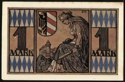 Notgeld Nürnberg 1921, 1 Mark, Hilfsschein der Notgeld-Ausstellung, Nymphe Noris mit zerbrochenem Schwert