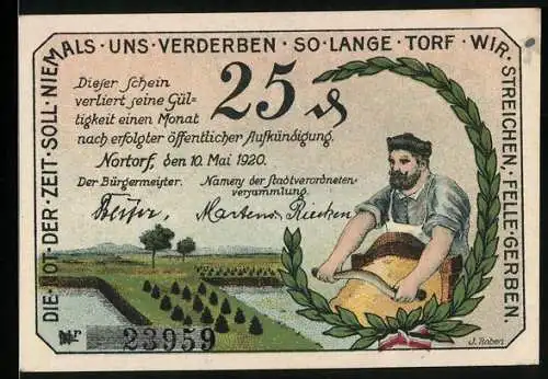 Notgeld Nortorf 1920, 25 Pfennig, Arbeiter bearbeitet Leder