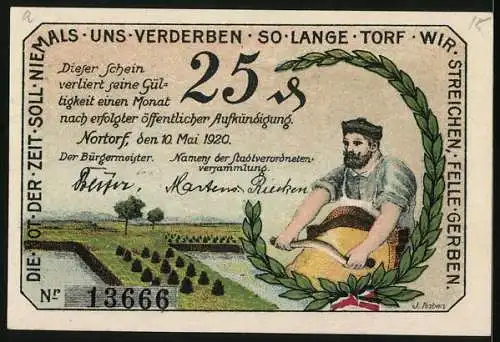 Notgeld Nortorf 1920, 25 Pfennig, Lederhersteller bearbeitet Haut