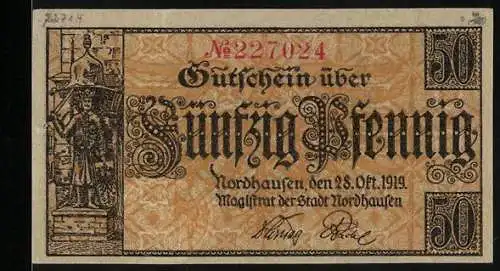 Notgeld Nordhausen 1919, 50 Pfennig, Kontroll-Nr. 227024