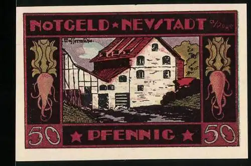 Notgeld Neustadt a. Rbge. 1921, 50 Pfennig, Die Wassermühle