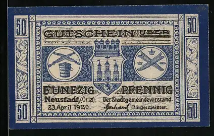 Notgeld Neustadt /Orla 1920, 50 Pfennig, Das Rathaus