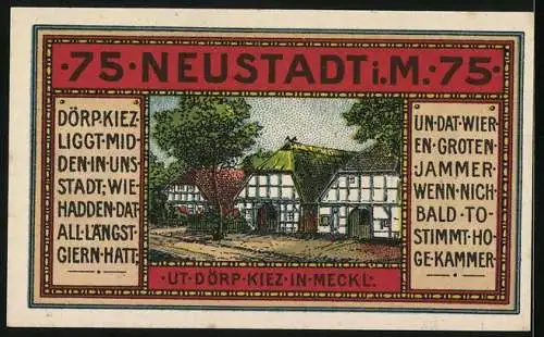 Notgeld Neustadt /Meckl. 1921, 75 Pfennig, Das Dörp-Kiez