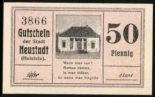 Notgeld Neustadt /Holstein, 50 Pfennig, Frontalansicht des Rathauses