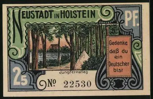 Notgeld Neustadt in Holstein, 25 Pfennig, Abtrennung Nord-Schleswigs 1920, Jungfernstieg