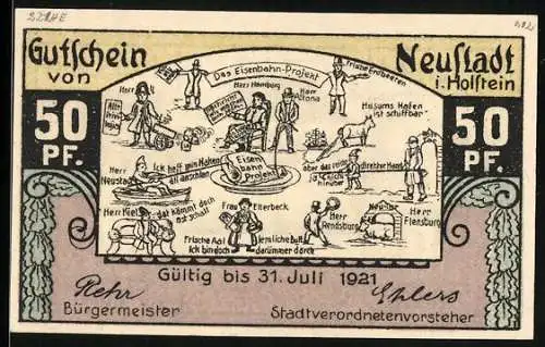 Notgeld Neustadt in Holstein, 50 Pfennig, Rathaus am Markt, Eisenbahnprojekt