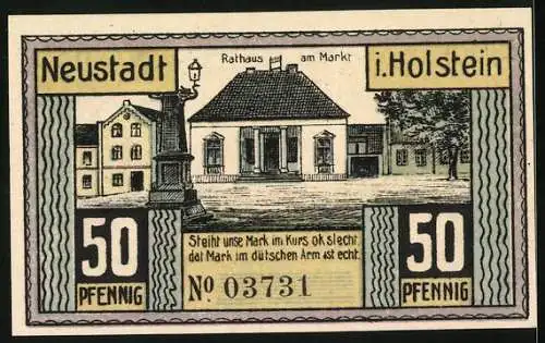Notgeld Neustadt in Holstein, 50 Pfennig, Rathaus am Markt, Eisenbahnprojekt