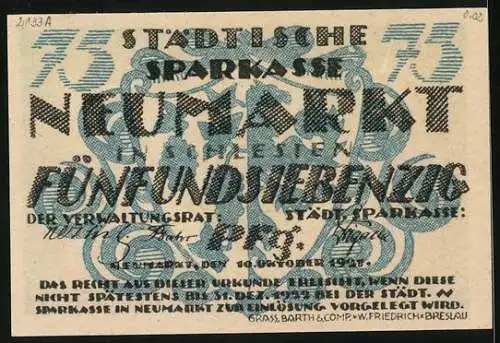 Notgeld Neumarkt in Schlesien 1921, 75 Pfennig, Wappen im Hintergrund