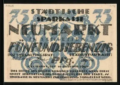 Notgeld Neumarkt in Schlesien 1921, 75 Pfennig, Rathaus mit Giebel