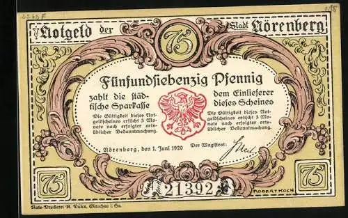 Notgeld Nörenberg 1920, 75 Pfennig, Ortsansicht am Enzigsee
