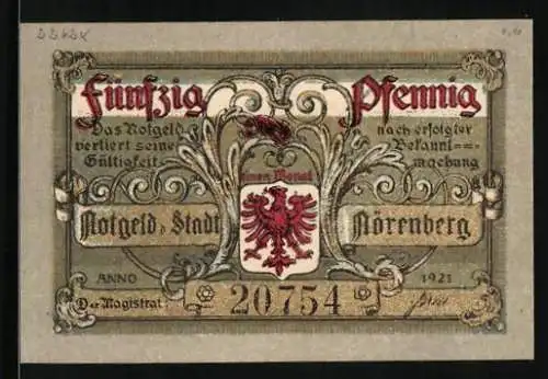 Notgeld Nörenberg 1921, 50 Pfennig, Frau wird vom Hummer verfolgt