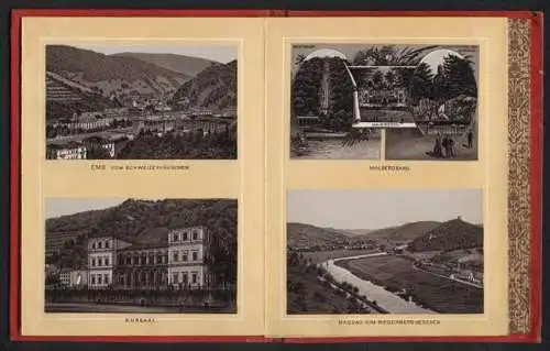 Leporello-Album 24 Lithographie-Ansichten Lahn, Bad Ems, Malbergbahn, Nassau, Kloster Arnstein, Diez, Limburg, Wetzlar