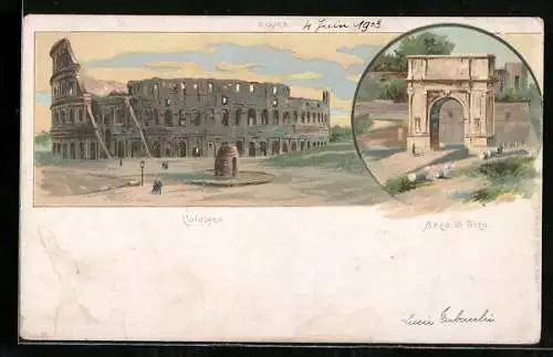 Lithographie Rom, Kolosseum und Titusbogen