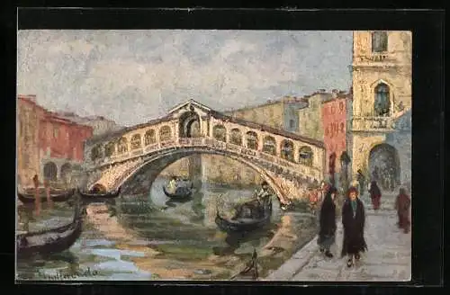 Künstler-AK Venezia / Venedig, Ponte di Rialto, Motiv der Rialtobrücke