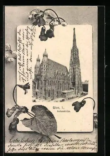 AK Wien, Stefanskirche umrahmt von Blättern