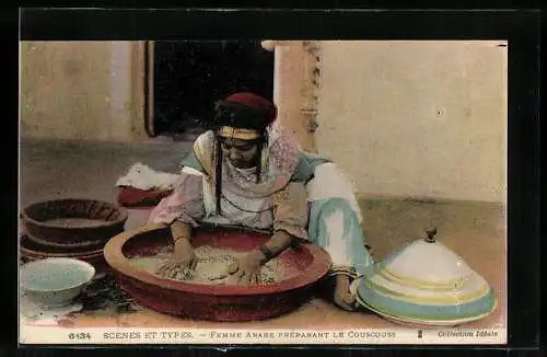 AK Scenes et Types, Femme Arabe preparant le Couscous