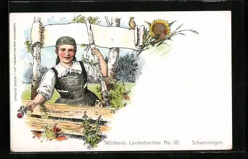 Lithographie Schwenningen / Neckar, junge Bäuerin in Schwarzwälder Tracht