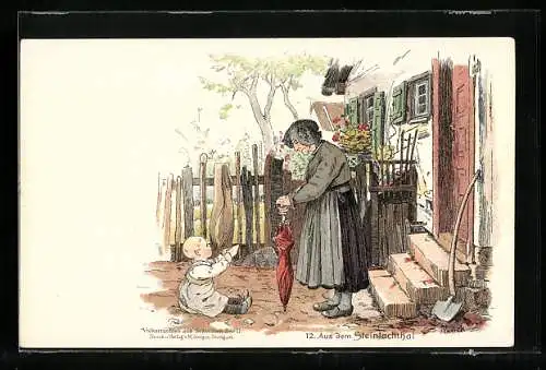 Lithographie Mössingen, alte Dame in Tracht aus dem Steinlachtal mit ihrem Enkelkind