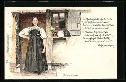 Künstler-Lithographie Schwenningen, junge Frau in schwäbischer Tracht