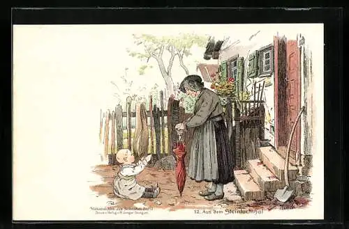 Lithographie Mössingen, alte Dame in Tracht aus dem Steinlachtal mit ihrem Enkelkind