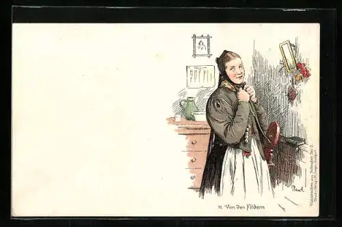 Künstler-AK Fildern, Frau bindet sich ihr Haarband, schwäbische Tracht