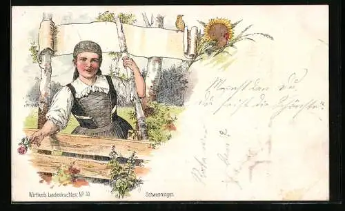 Lithographie Frau aus Schwenningen in schwäbischer Tracht