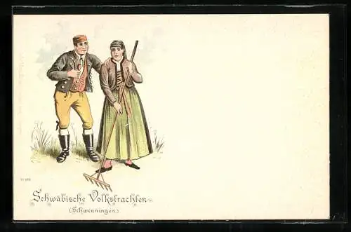 Lithographie Schwäbisches Paar aus Schwenningen in Volkstrachten auf dem Feld