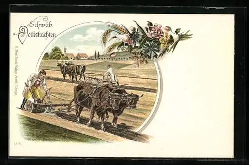 Lithographie Bauern in schwäbischer Tracht auf dem Feld