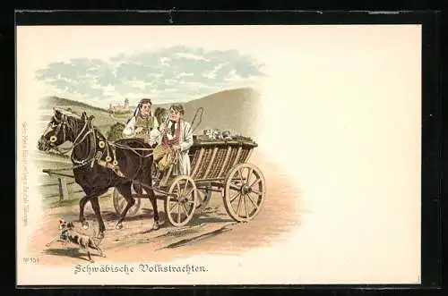 Lithographie Schwäbische Volkstrachten, Hund und Pferdekarre