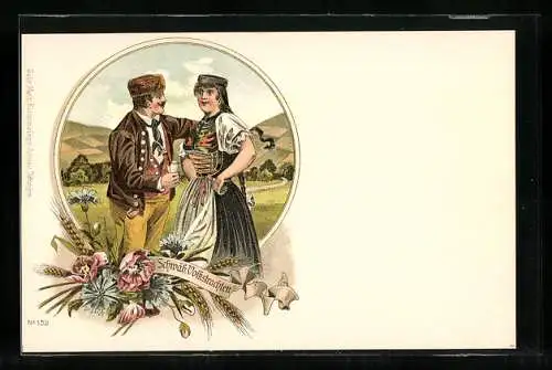 Lithographie Schwäbisches Paar in Volkstracht auf der Weide