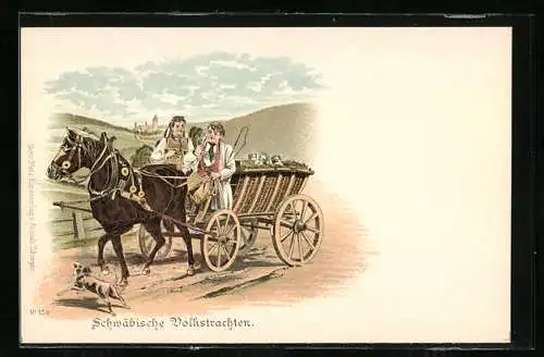 Lithographie Schwäbische Volkstrachten, Hund und Pferdekarre