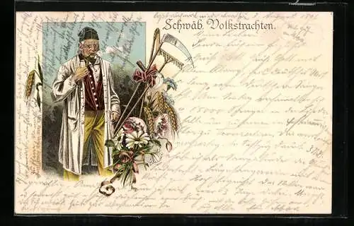 Lithographie Alter Schwabe in Volkstracht mit weissem Mantel und Pfeife