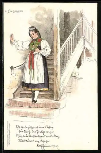 Künstler-Lithographie Betzingen, Frau in schwäbischer Tracht geht eine Treppe herab