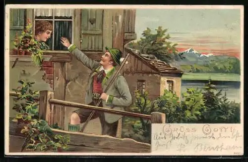 Lithographie Mitterteich, Gruss vom Almafest 1905, Mann in Tracht grüsst die Dame am Fenster