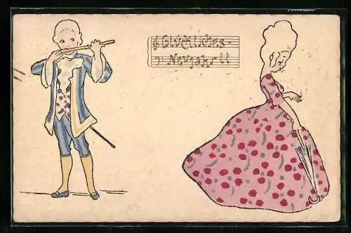AK Frau mit Schirm und Flötenspieler, Neujahrsgruss