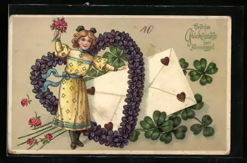 Präge-AK Junge Frau mit Kuvert am Herz aus Blumen, Glückwunsch zum Namenstag