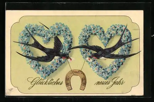 AK Schwalben mit Hufeisen an Herzen aus Blumen, Neujahrsgruss
