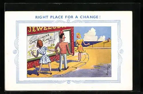 AK Pärchen vor einem Juweliergeschäft und Frau, frauenfeindlicher Humor