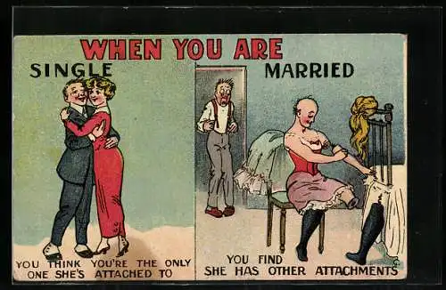 AK Liebespaar umarmt sich, Mann entdeckt Frau ohne Arm und Bein, frauenfeindlicher Humor