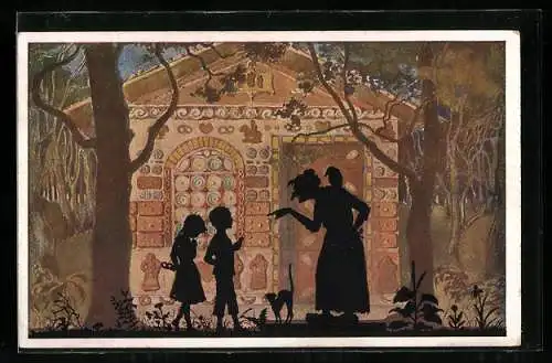 AK Hänsel und Gretel mit der Hexe vor dem Knusperhäuschen