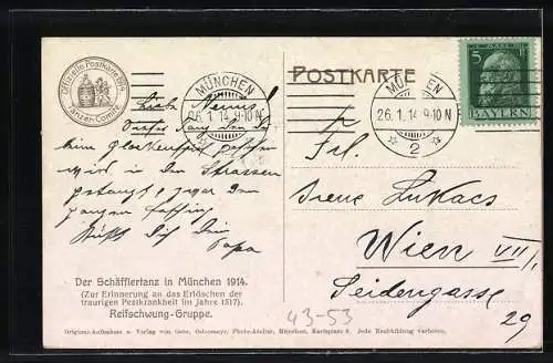 AK München, Schäfflertanz 1914, Reifschwung-Gruppe, zur Erinnerung an das Erlöschen der Pestkrankheit 1517