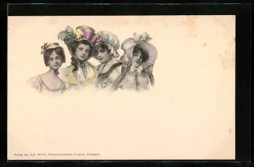 AK Vier junge elegante Damen mit Hüten, Biedermeier