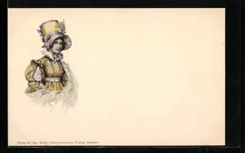 AK Junge Dame im gelben Kleid mit Hut, Biedermeier