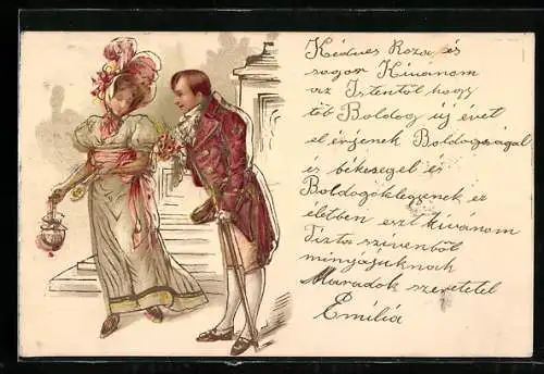 Präge-AK Eleganter Herr und Dame an einer Treppe, Biedermeier