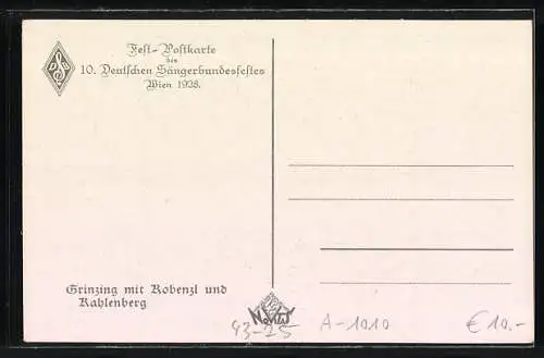 AK Wien 1928, 10. Deutschen Sängerbundesfestes, Grinzing mit Kobenzl und Kahlenberg