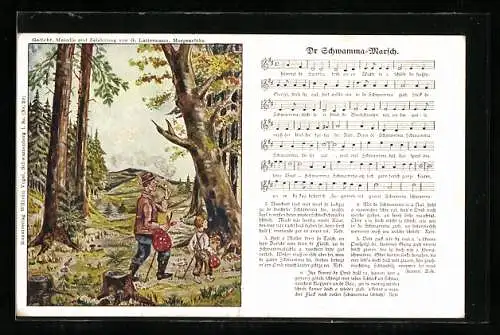 Künstler-AK Lied Dr Schwamma-Marsch, Vater mit Sohn im Wald