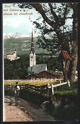 AK Innsbruck, Wegkreuz mit Blick zum Schloss Amras