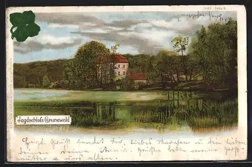 Lithographie Grunewald, Jagdhaus in Landschaft, mit Relief-Blattapplikation